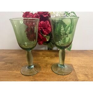 Vintage Hand Blown Green Stem Wine Glasses Set of 2 Holiday Barware MCM Bar Cart